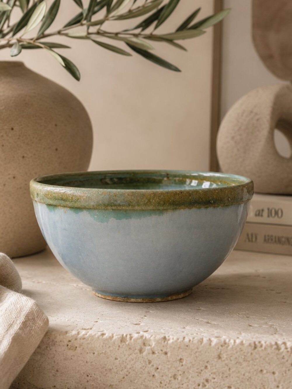 Handmade Blue Pottery Bowl with Green Rim